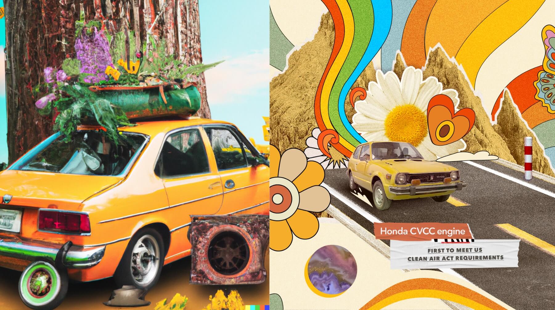 Yellow Honda Civic in old, collage style - made by AI on the left (Dall-e), and by Pigeon Studio on the right